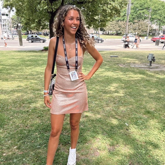 12th Tribe Angelina Pink Shimmer Mini Dress - Picture 3 of 4